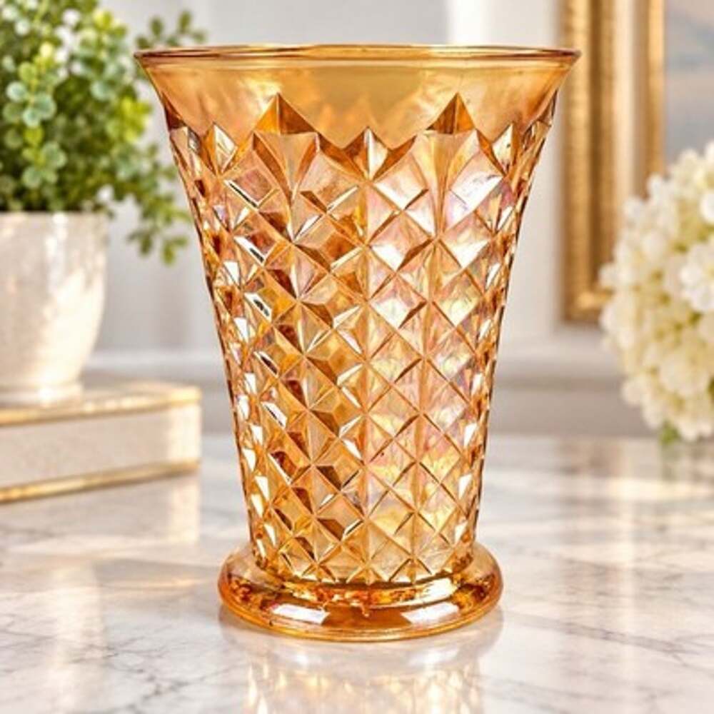 Vintage Marigold Carnival Glass Diamond Point Flared Footed Vase 7.5"